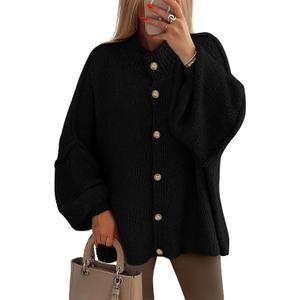 PRETTYGARDEN Women's Winter Button Down Cardigan Sweaters Mock Neck Lantern Long Sleeve Chunky Knit Jacket Trendy Outerwear (Black)