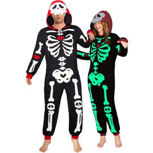 OLAOLA Glow in the Dark Skeleton Adult Onesie, Halloween Costume, Skull Pajama One Piece Cosplay Suit for Women and Men (Small)
