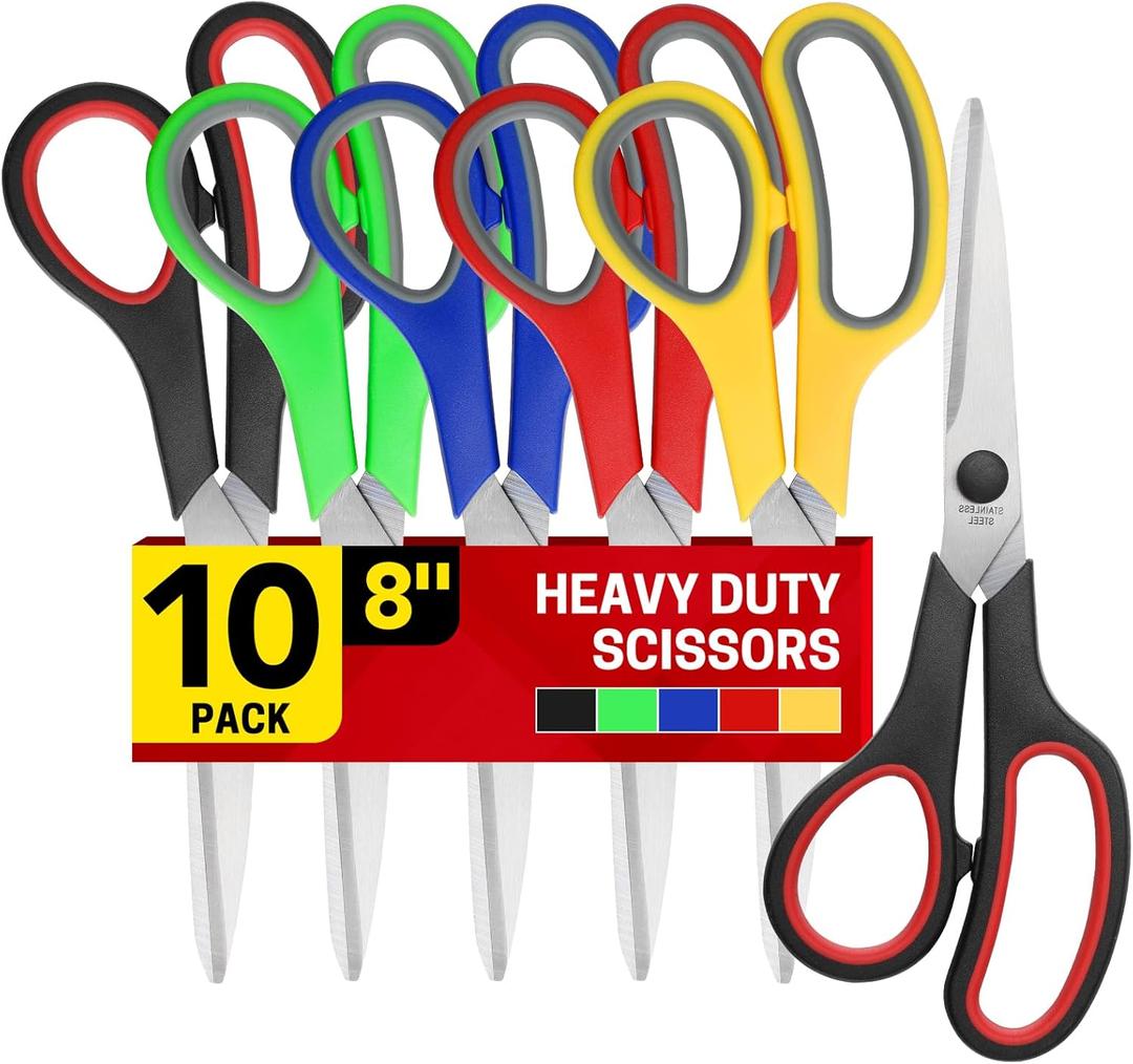 BURVAGY 8" 10 Pack All Purpose Heavy Duty Scissors- Comfort-Grip Sharp Scissors for Office School Sewing Fabric Craft High/Middle School Student Teacher Scissor, Right/Left Hand