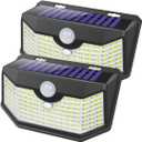HMCITY 120 LED Outdoor Solar Lights with Motion Sensor and 3 Lighting Modes, IP65 Waterproof Wide Solar Wall Lights Ideal for Garden Patio Yard (Front Button 2Packs, Black Shell-Daylight White)