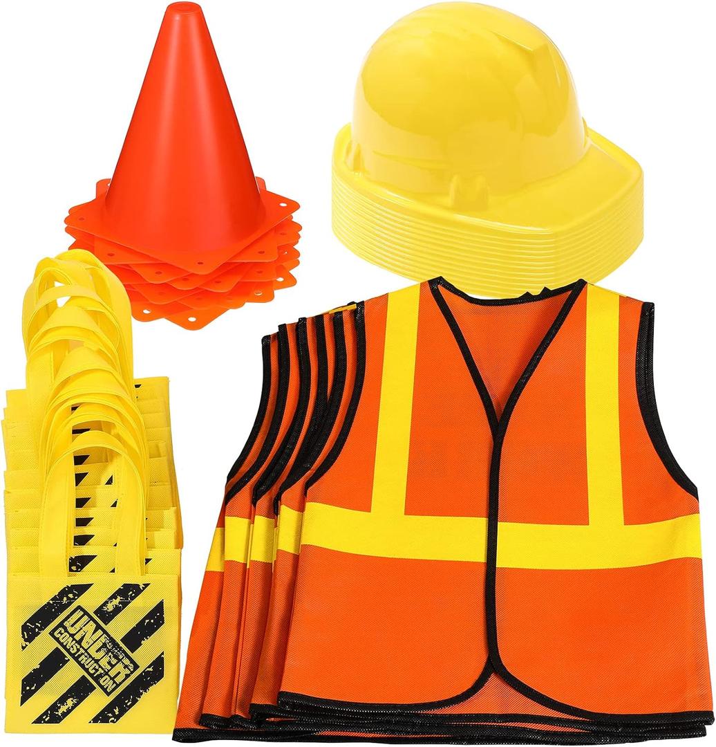 Gejoy 48 Pcs Kids Construction Birthday Party Supplies Kids Construction Hats and Vests Worker Costume Role Play Tote Bag and Traffic Cones for Excavator Dress up Cosplay Party Decorations