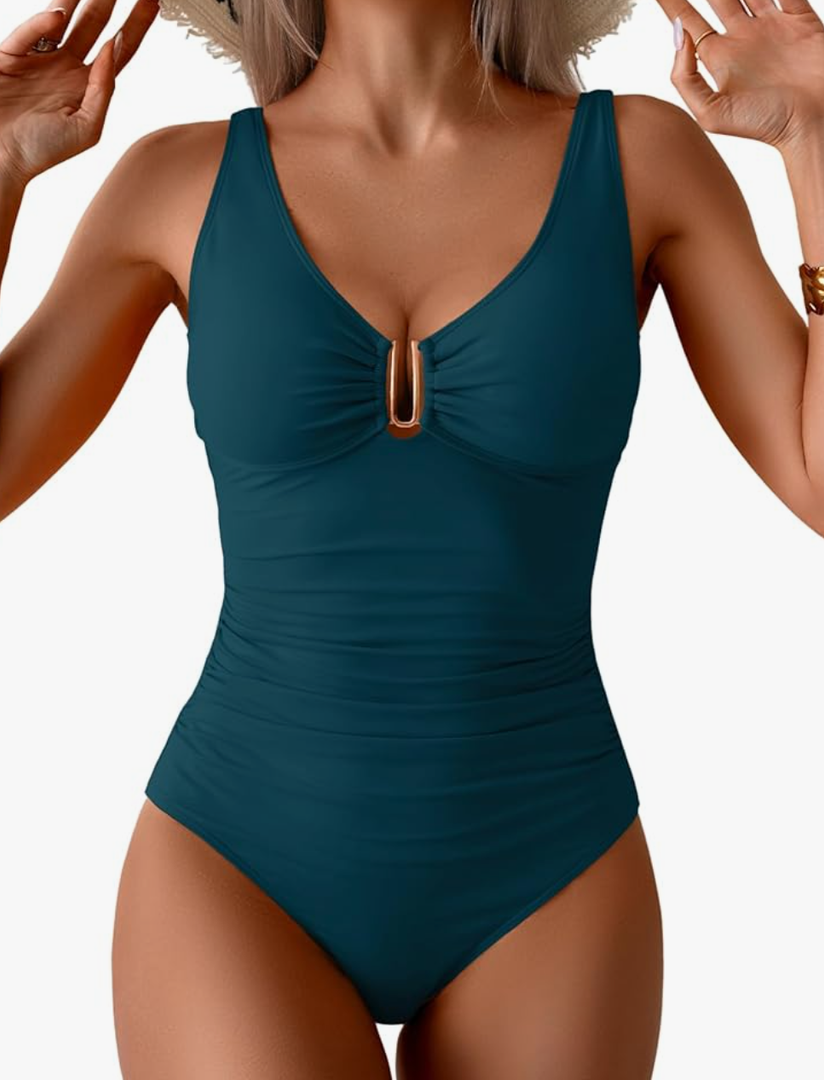 B2prity One Piece Swimsuit for Women Tummy Control Ruched Bathing Suit V Neck Push Up Swim Suit, Medium