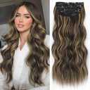 ALXNAN Clip in Long Wavy Synthetic Hair Extension 24 Inch Black&Dark mix light brown 4PCS Thick Hairpieces Fiber Double Weft Hair for Women