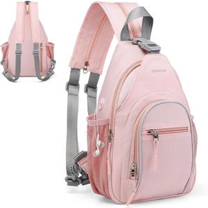 Crossbody Sling Bag with Water Bottle Holder, 8.3" Convertible Small Backpack Anti Theft Daypack, Chest Fanny Pack for Men Women, Pink