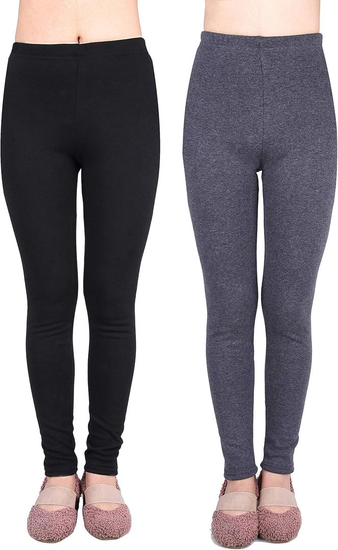 IRELIA 2 Pack Girls 100% Cotton Fleece Lined Warm Leggings Stretchy for Winter (10/M, Black/Heather Gray)