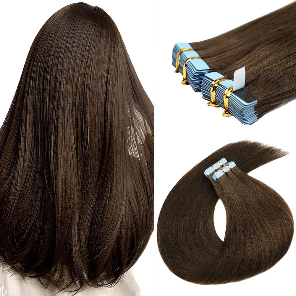 18 Inch Tape in Hair Extensions - Invisible Straight Human Hair for Women, 20 Pcs/50g Seamless Skin Weft, #4 Chocolate Brown Real Hair Extension Tape Ins