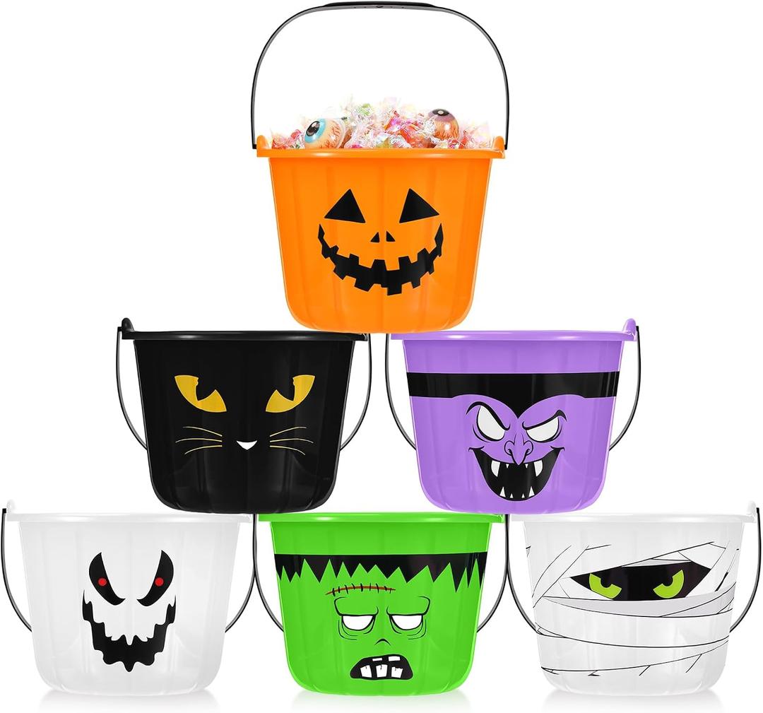 Qilery 12 Pcs Halloween Plastic Pumpkin Buckets with Handle, Multicolor, 7.09 x 5.91 x 5.91 inches (EXP 08/20/26)