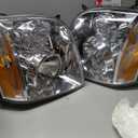 Headlights Assembly for 2007-2014 GMC Yukon SLE SLT Denali Yukon XL 1500 2500,Headlamp Assembly DENALI Style Chrome+Amber Halogen OE Replacement, RK-HL-YK031