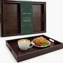 Dark Brown Bamboo Serving Tray Set of 2 with Handles, Nesting Wooden Trays for Serving Food & Drinks, Rectangular Coffee Table Ottoman Tray for Living Room Decor, Large 16.9 & Small 15.6