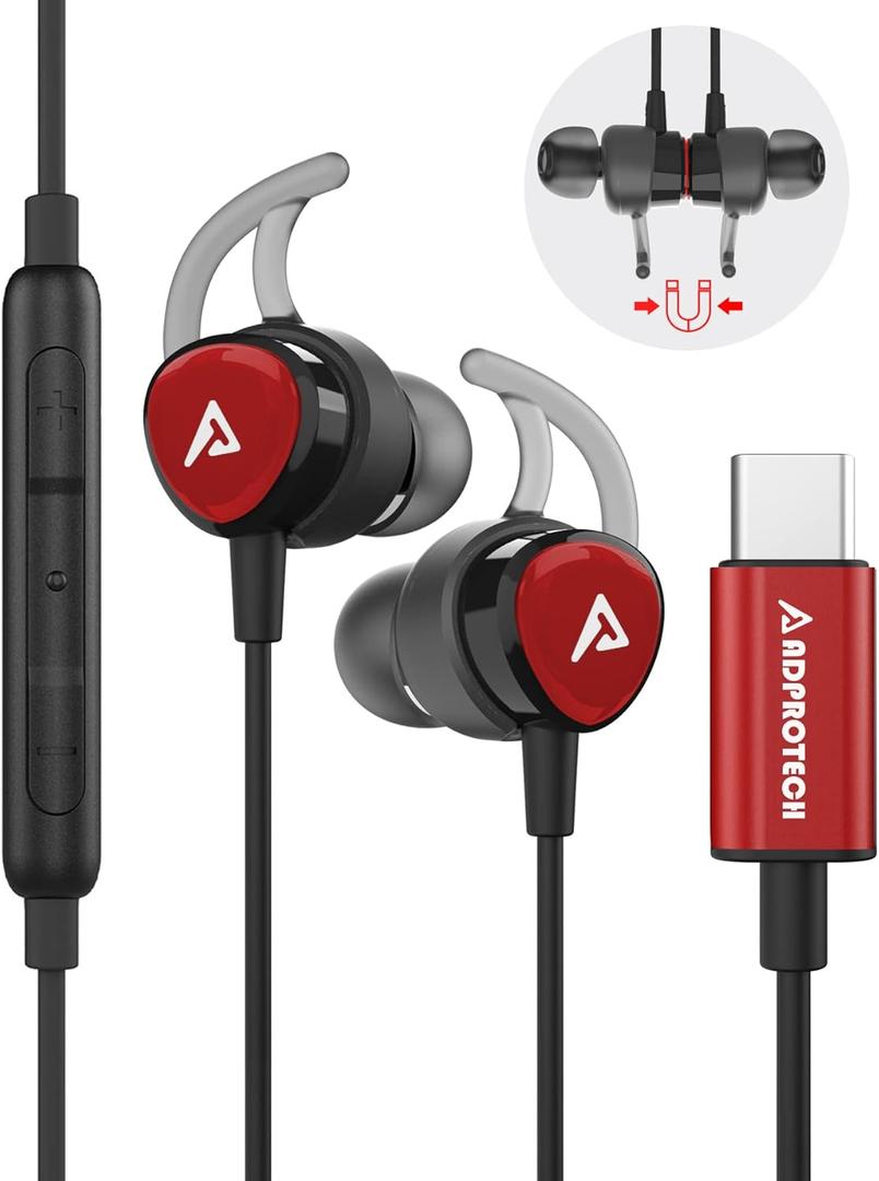 USB C Headphones, Type C Earbuds Magnetic Wired Earphones with Microphone and Volume Control Compatible with Google Pixel Xiaomi Samsung Oneplus Sony MacBook Black&Red