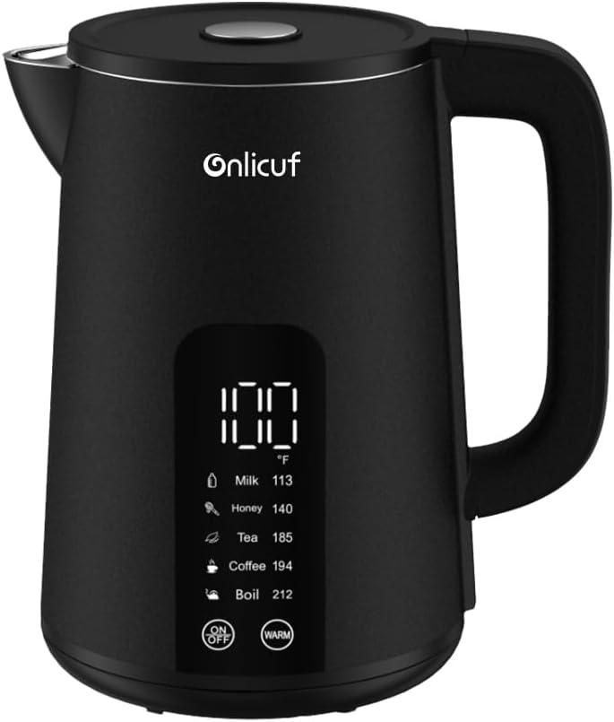 Electric Tea Kettle with Double Wall Cool Touch1.7L Water Boiler Heater with Temperature ControlStainless Steel Boiling Teapot, Digital Touch-Screen, Cordless, BPA-Free, Matte Black