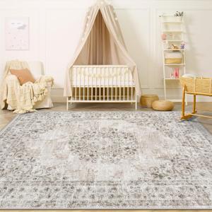 Area Rug 4x6 Vintage Rug: Washable Indoor Medallion Rugs Low Pile Distressed Floor Carpet Retro Accent Rug for Living Room Bedroom Kitchen Dining Table Home Office(Distressed Taupe, 4'x6')