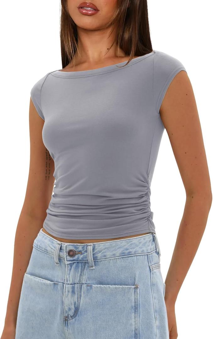 Darong Women's Summer Boat Neck Tops Cap Sleeve Slim Fitted Modal Basic Tee Trendy Casual Shirts (Grey Small)