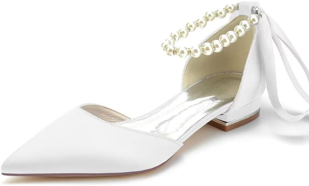 JOEupin Women Pointed Toe Pearl Wedding Flats Satin Flat Bridal Shoes for Bride Prom Evening Bridal Party Dress Flats 42