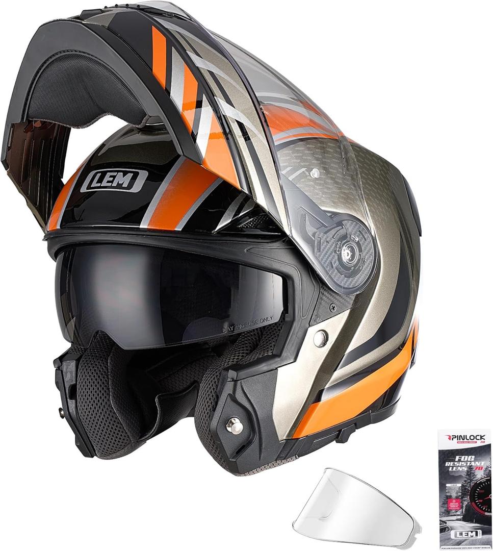 LEM Modular Motorcycle Helmets Fiberglass, Full Face Motorcycle Helmet Flip Up for Touring, DOT Certified, Release Sun Visor & Removable Comfort Liner, Lightweight Street Bike Helmet (Orange, L)