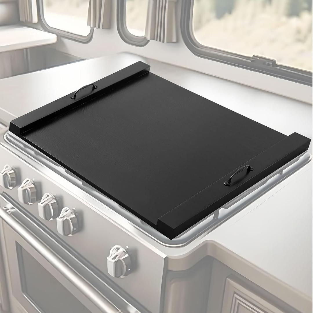 Maxdot Rv Stove Top Cover Board Wood Noodle Board Camper Stove Top Cover Countertop Cutting with 5 Pcs Adjustable Non-slip Rubber Feet Leg Juice Groove for Trailer Gas Burner Kitchen(Black)