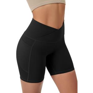 ODODOS Cloud Feeling Cross Waist Yoga Shorts with Pockets for Women, 6" Crossover High Waist Lounge Biker Shorts (Medium, Black)