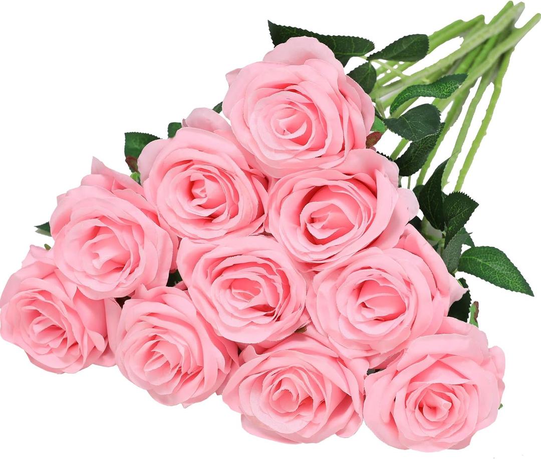 Nubry Artificial Silk Rose Flower Bouquet Lifelike Fake Rose for Wedding Home Party Decoration Event Gift 10pcs (Pink)