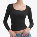 PUMIEY Women's Long Sleeve T Shirts Scoop Neck Slim Fit Going Out Tops Double Lined Basic Tee Smoke Cloud Collection XS