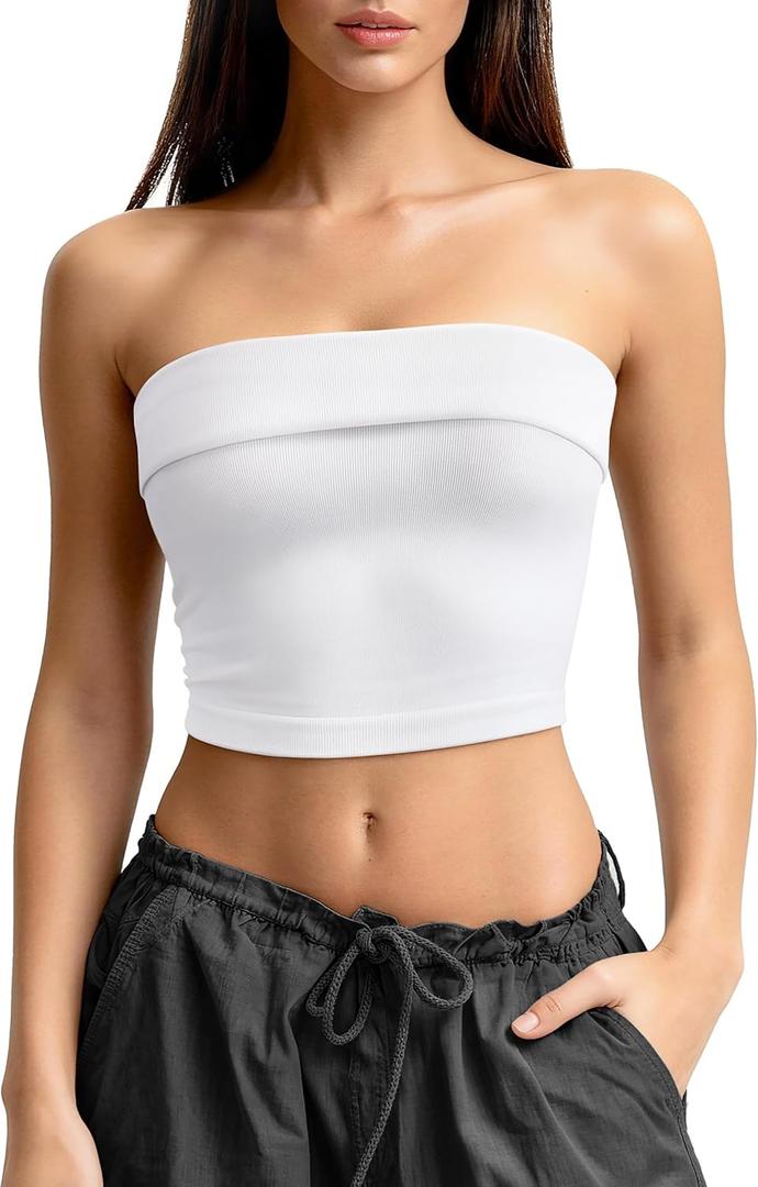 OLCHEE Womens 2PK Tube Tops Off Shoulder Seamless Ribbed Strapless Sleeveless Side Ruched Slim Fitted Summer Going Out Top (M)