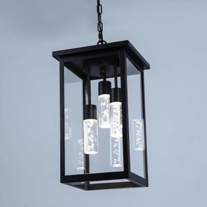 5CCT LED Large Outdoor Pendant Light Fixtures, LED Integrated Bulbs Included 3-Light Black Outdoor Hanging Lantern Light, Exterior Pendant Ceiling Lighting for Porch Yard Gazebo