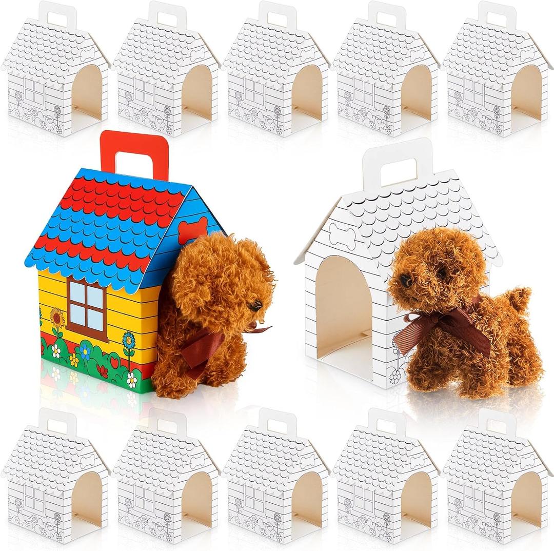 ShinyRelief 24 Pcs Dog Party Favors Boxes Dog House Shaped Treat Gift Boxes with Holes Foldable with Handle for Christmas Puppy Pet Adoption Kid DIY Crafting Birthday (Pre-drawn Style)