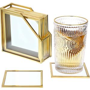JuxYes Set of 7 Glass Coasters with Holder, Gold Elegant Cup Coasters for Coffee, Tea, - Square Brass Edge Glass Mats for Coffee Table