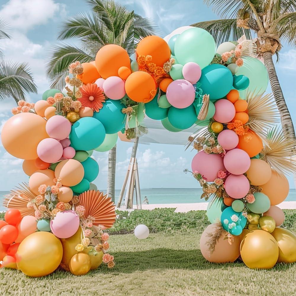 Pinbra Pastel Balloons Garland Kit Coral Pink Teal Blue Balloons Double Stuffed Light Green Orange Gold Metallic Latex Arch for Tropical Hawaii Luau Birthday Baby Shower Wedding Party Decorations (Pink Coral Gold)