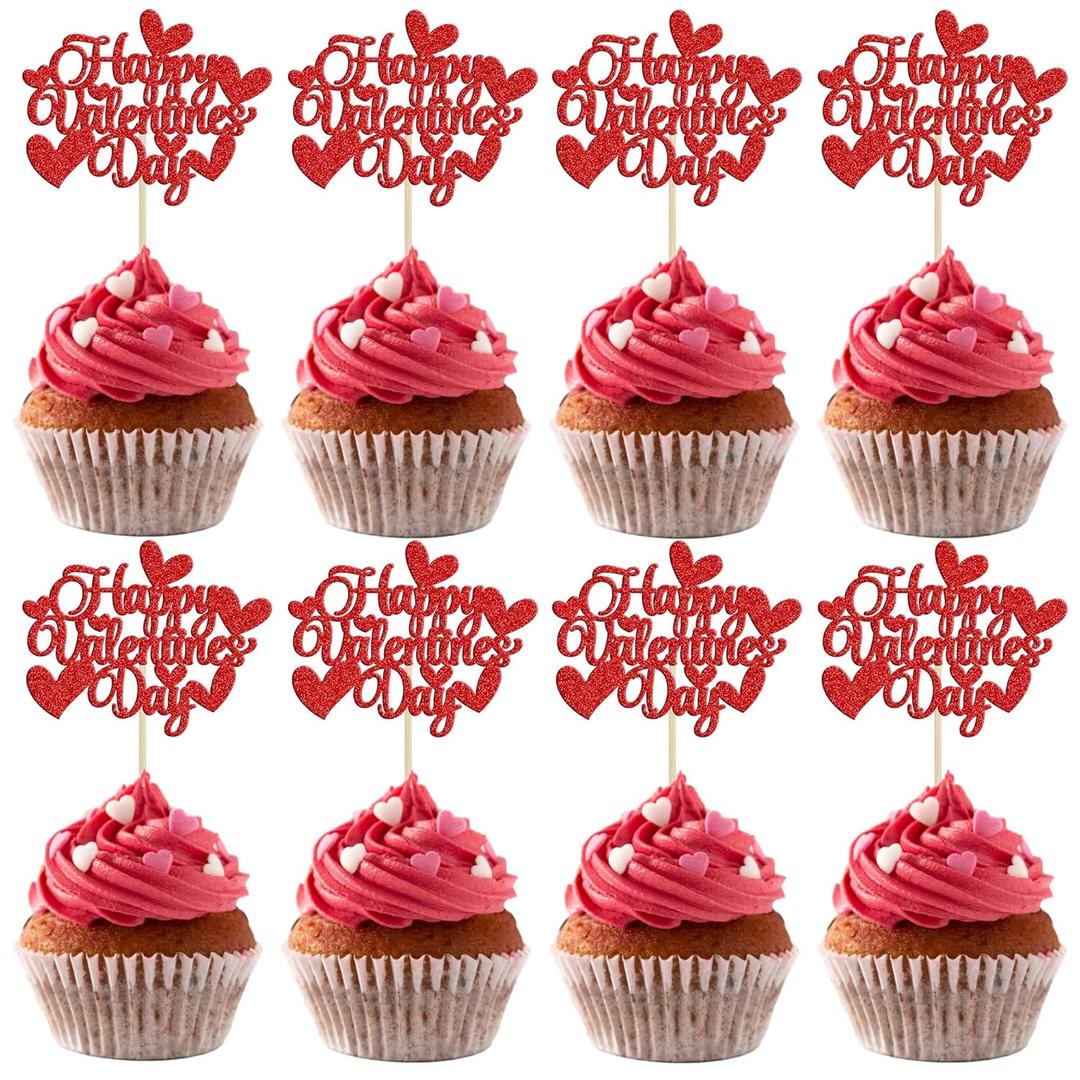2 x Gyufise 36Pcs Happy Valentine's Day Cupcake Toppers with Heart Glitter Sweet Love Theme Valentine's Day Cupcake Food Picks Valentine's Day Theme Birthday Party Cake Decorations Supplies Red