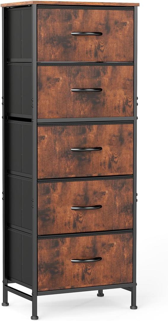 Sweetcrispy 5 Drawer Dresser with Fabric Bins, Sturdy Steel Frame and Wood Top, Storage Organizer Chest for Bedroom, Closet, Hallway, Brown