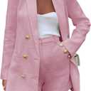 Cicy Bell Womens 2 Piece Tweed Blazer Shorts Sets Long Sleeve Double Breasted Suit Jackets Business Outfit (Medium, Pink)