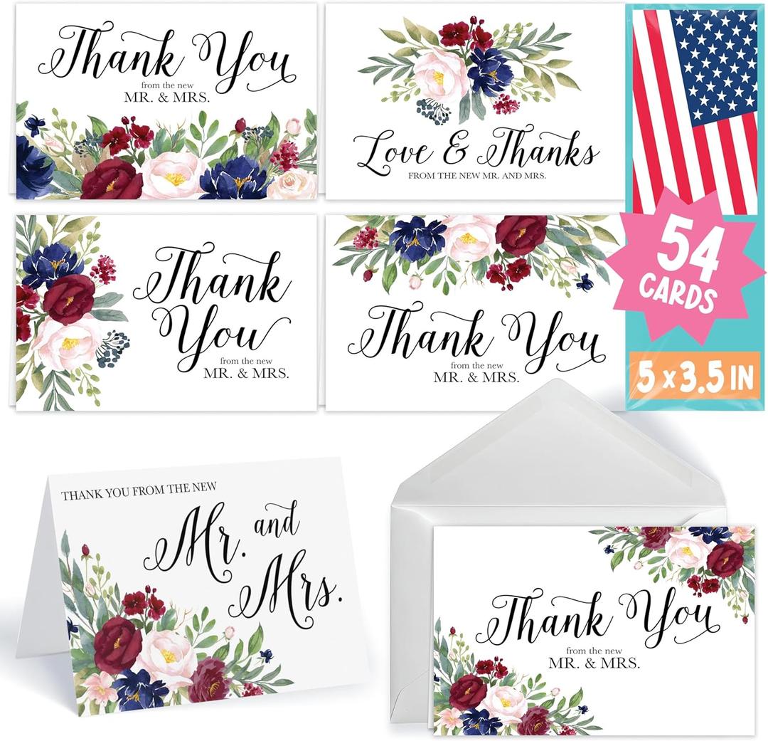 2 x Hadley Designs Wedding Thank You Cards with Envelopes -54 Floral Thank You Cards Wedding with Envelopes, ThankYou Notes from the New Mr and Mrs Card for Gifts, Bridal Party & Guests, Bridal Shower