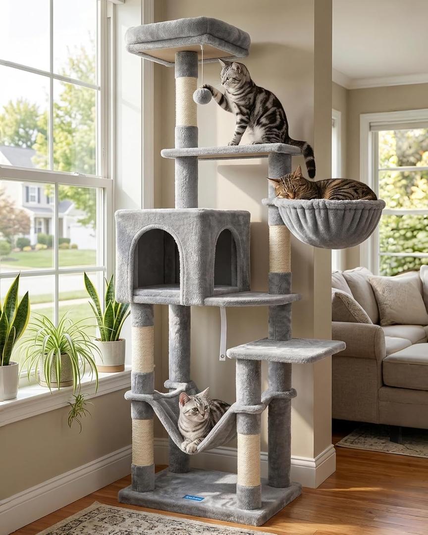 Hey-Brother Cat Tree with Large Hammock, Multi-Level Cat Tower for Indoor Cats, Cat Condo with Sisal-Covered Scratching Posts and Top Perch, Light Gray MPJ050W