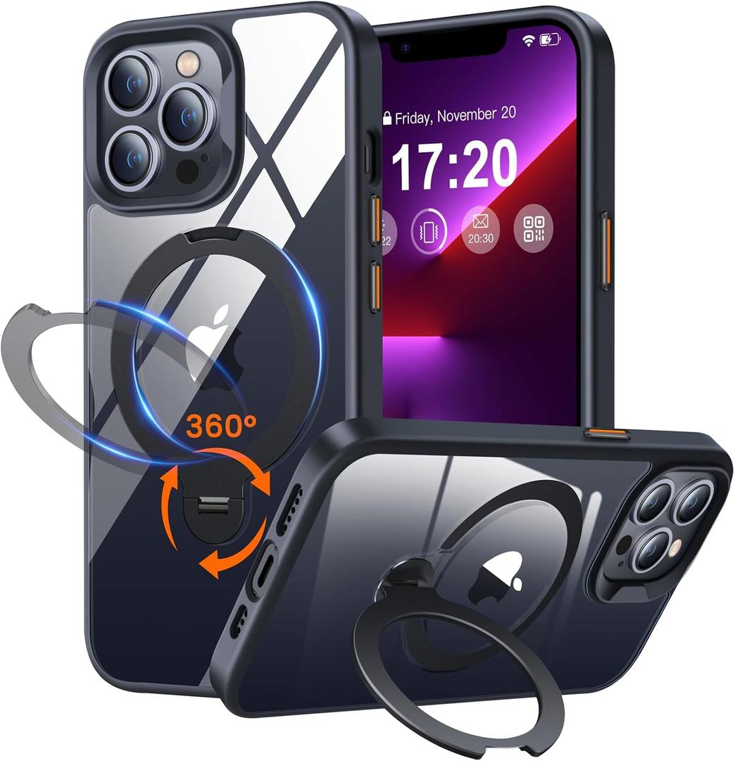 360 Rotatable Magnetic Stand for iPhone 13 pro max Case Compatible with Mag-Safe 16FT Military Drop Protection, Anti-Scratch/Fingerprint Shockproof iPhone 13 pro max Phone Case(Clear-Black)