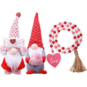 Chuangdi Valentine's Day Gnomes Decorations Red Pink White Heart Love Valentine's Day Gnome Handmade Swedish Plush Doll Ornament Wood Bead Garland with Tassels for Girlfriend Wife Women Gift