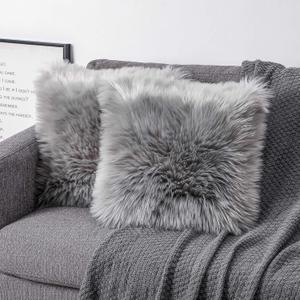 OYIMUA Fluffy Decorative Throw Pillow Covers Gray 2020, Faux Fur Farmhouse Luxury Pillow Cases,Soft Plush Fuzzy Cushion Covers for Sofa Couch Living Room Bedroom Set of 2