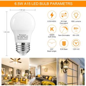 MorningLight A15 LED Bulb 60Watt Equivalent, 3000K Soft White, 600 Lumens Bulb, E26 Base, Non-Dimmable, ETL Listed, A15 6.5W LED Light Bulbs for Ceiling Fan, Modern & Rustic Lighting Fixtures, 5-Pack