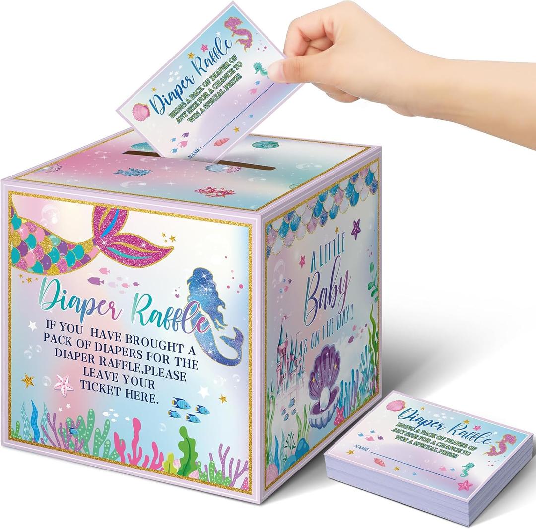Teling 51 Pieces Diaper Raffle Tickets with Card Box Baby Shower Decorations Baby Shower Holder Box for Girl Boy Diaper Raffle Party, Mermaid 
