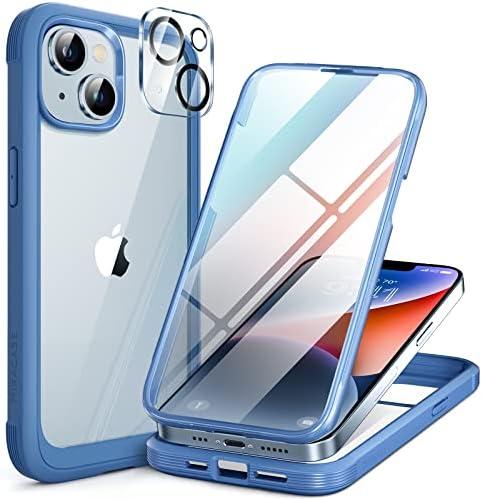 Miracase Glass Series for iPhone 14 Case 6.1 inch, [Built-in Tempered Glass Screen Protector] [Bubble Free] Full-Body Protective Bumper Phone Case with Camera Lens Protector, Blue