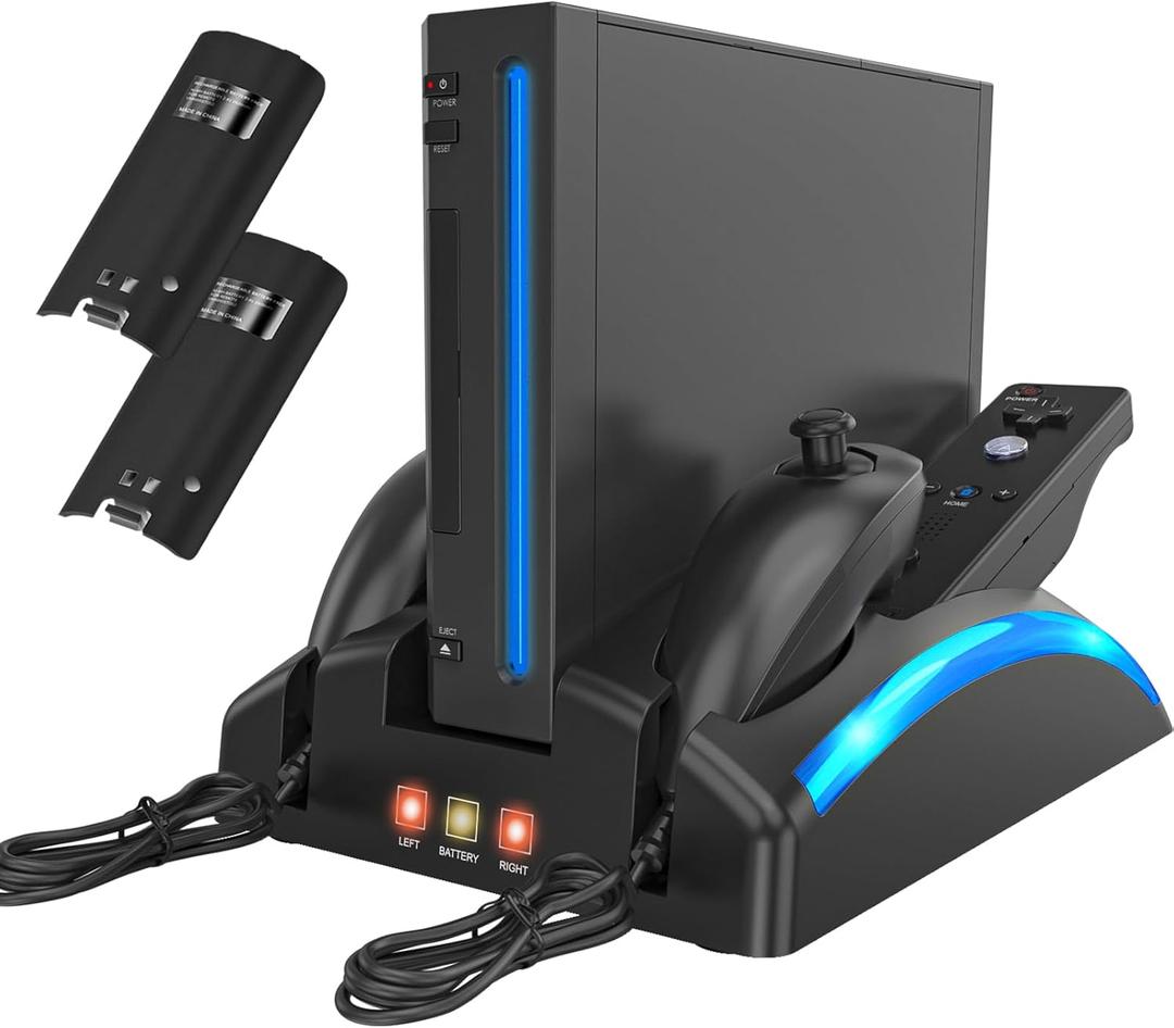 Game Organizer Station for Wii Remote Charger, Charging Dock Station for Controller, Wii Stand with 2 Pcs Rechargeable Battery for Wii Console Nunchuk Game Accessories Kit Storage (Black)