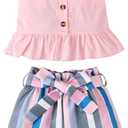 Kucnuzki Toddler Baby Girl Clothes Summer Outfits Ruffle Sleeveless Linen Shirt Kid Short Set for Girl