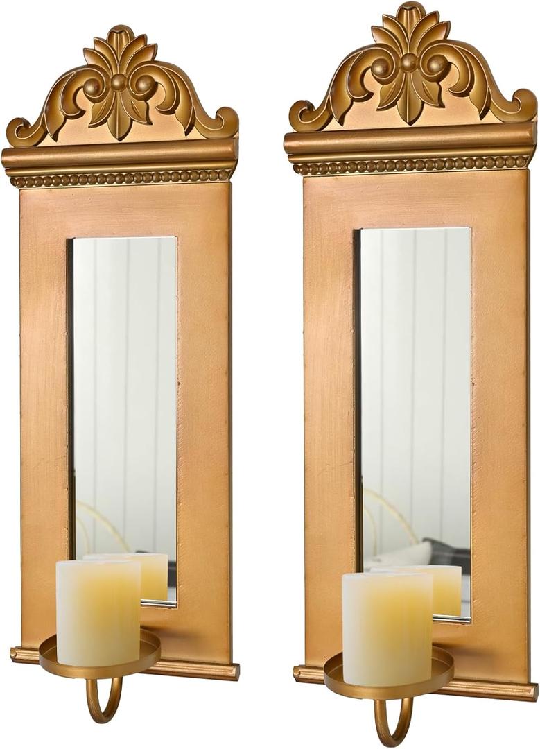 Candle Sconces Wall Decor Set of 2, Large Antique Gold Wall Candle Holder