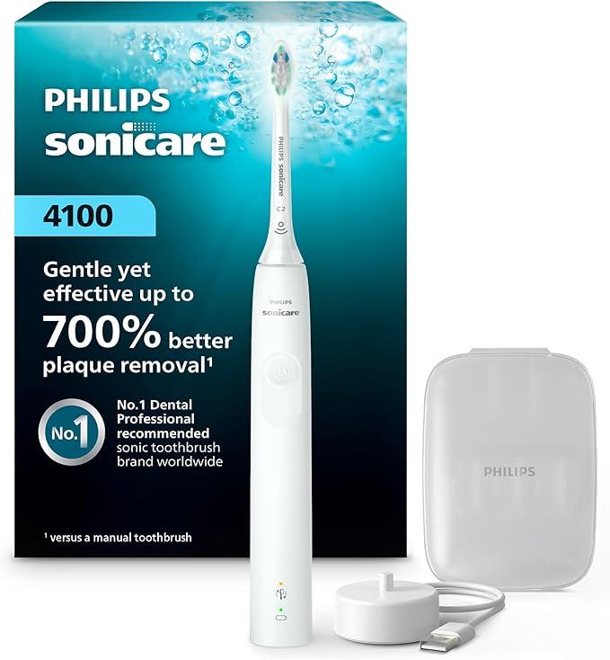 Philips Sonicare 4100 Rechargeable Electric Toothbrush, Advanced Plaque Removal, Pressure Sensor, Includes Brush Head Case, White BD5002AZ