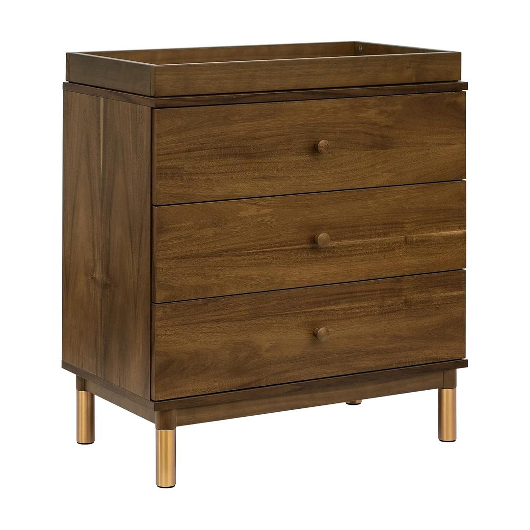 Babyletto Gelato 3-Drawer Changer Dresser with Over 10-Inch Drawer Depth and a Removable Changing Tray in Natural Walnut and Brushed Gold Feet, Greenguard Gold Certified