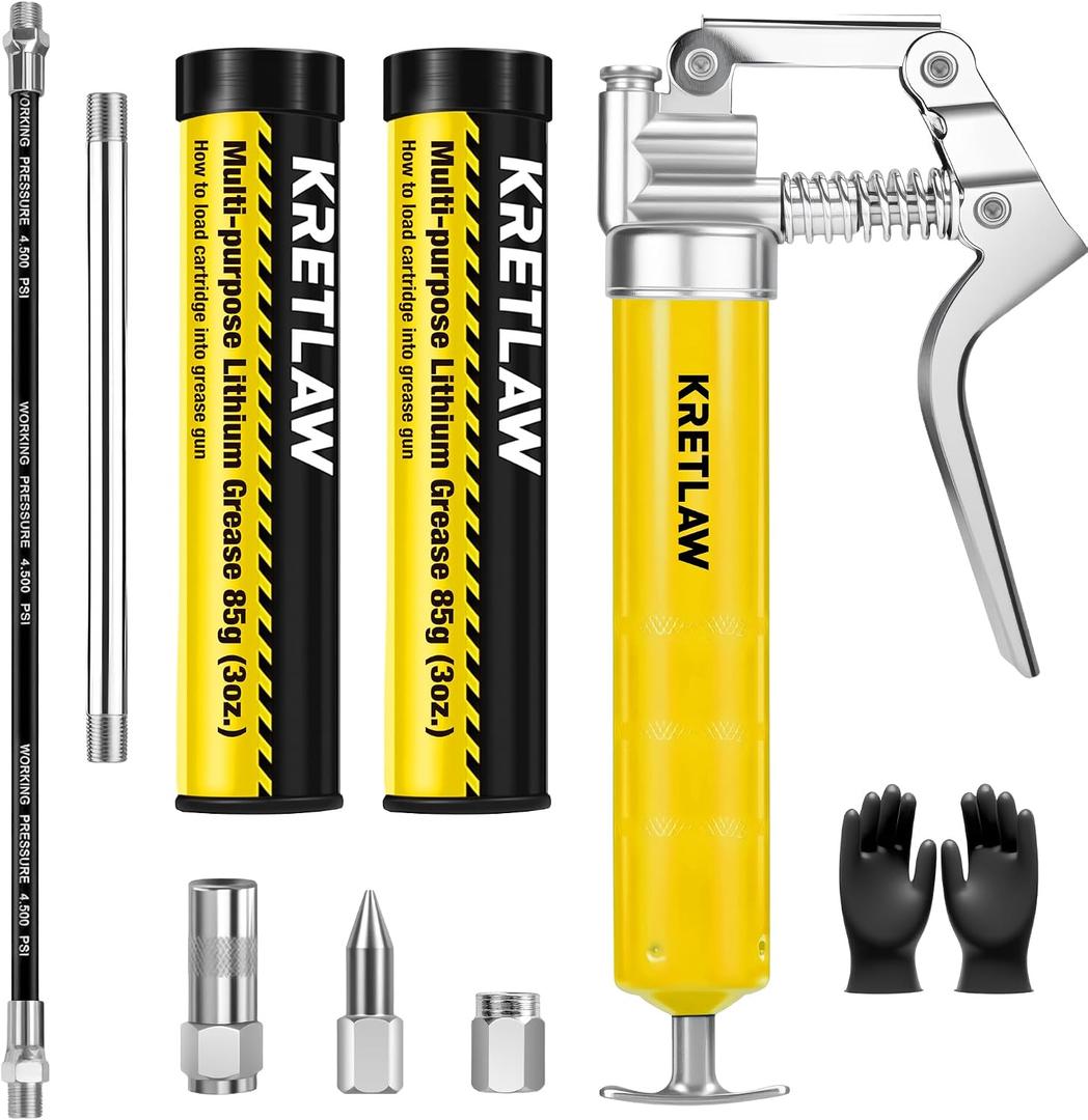 KRETLAW Mini Grease Gun (3000PSI) with Double 3oz Cartridge Grease and 12'' Flex Hose, Reinforced Coupler for Automotive, Yellow