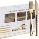 N9R 300PCS Gold Plastic Silverware, Heavy Duty Gold Plastic Cutlery Set Disposable Flatware Dinnerware, 100 Forks, 100 Spoons, 100 Knives, Perfect for Party, Wedding and Daily Use