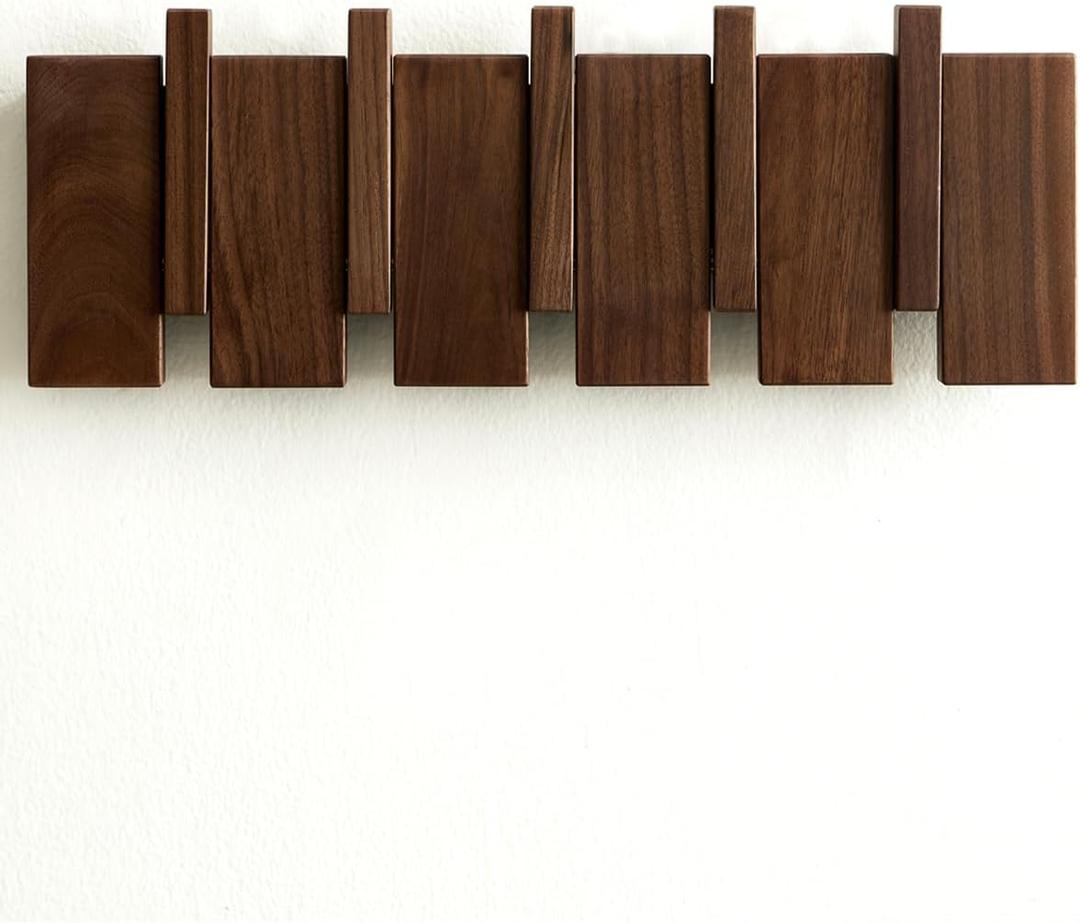 Wood Coat Rack Wall Mount - Large Walnut Piano Coat Rack wtih 5 Hooks for Hanging Clothes,Keys,Robes,Purse,Towels,Modern Decorative Wall hooks Heavy Duty Hanger Organizer for Bathroom/Bedroom/Entryway