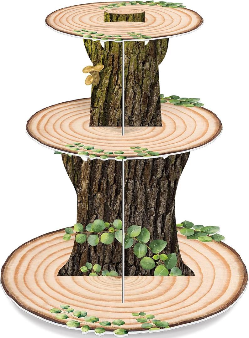 Zopeal Woodland Cupcake Stand Wooden Cupcake Stand Decoration Western Cake Holder Green Leaf Camping Cake Holder for Woodland Theme Wedding Baby Shower Forest Safari Birthday Party Supplies Decoration