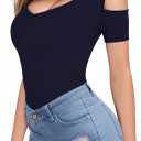HERLOLLYCHIPS Women Tops Summer Deep V Neck Short Sleeve Cold Shoulder Slim Fit Casual Sexy Tees T-Shirts (Blue, S)