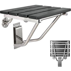 Folding Shower Seat and Bench Wall Mounted, Shower Chair Foldable, Shower Stool Collapsible for Inside Shower Bathroom Bathtub Small Space, 350lb Capacity (Plastic Wood Black)